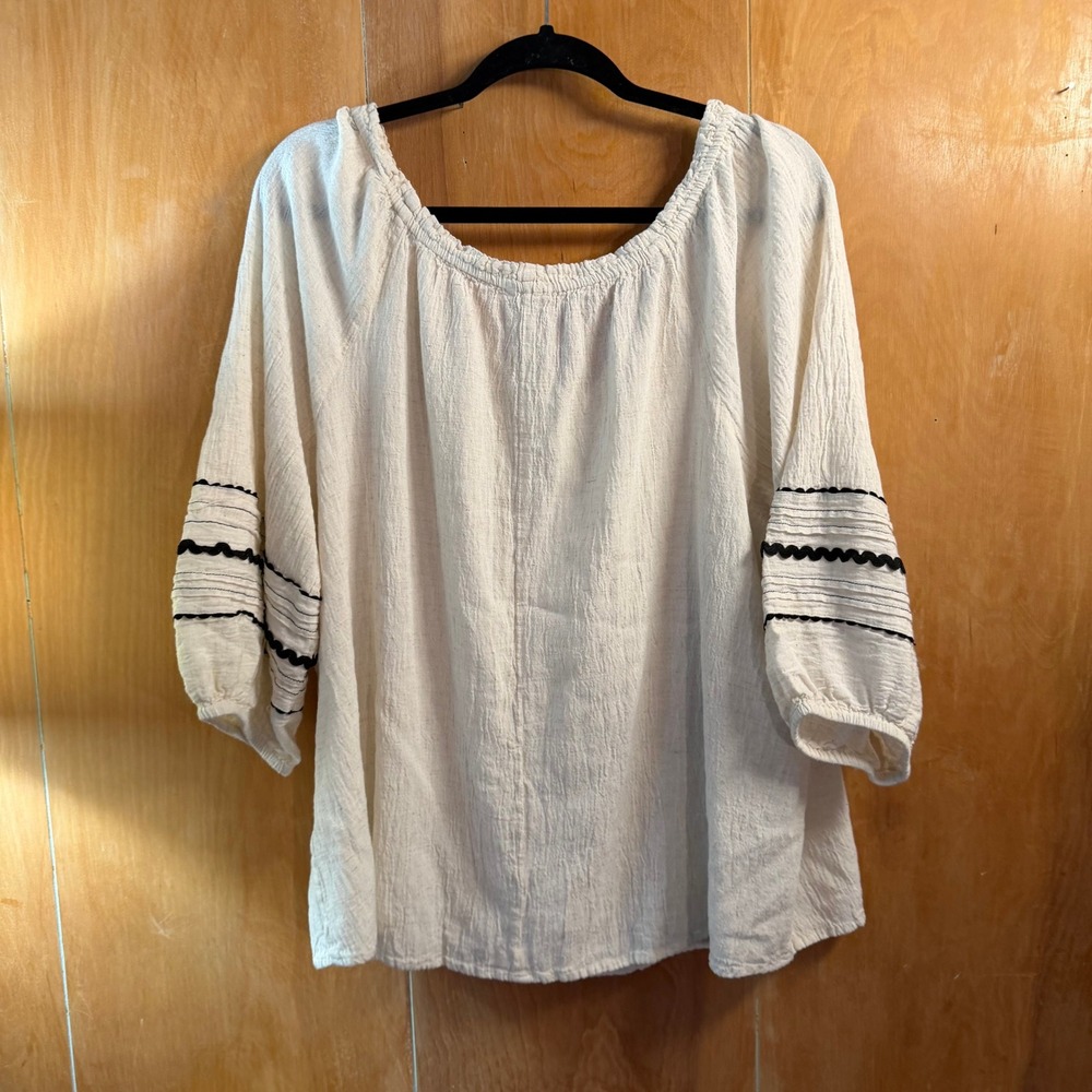 Cat 22/24W Cream Linen Blend Tassel Peasant Blouse Rickrack Top - Picture 6 of 6